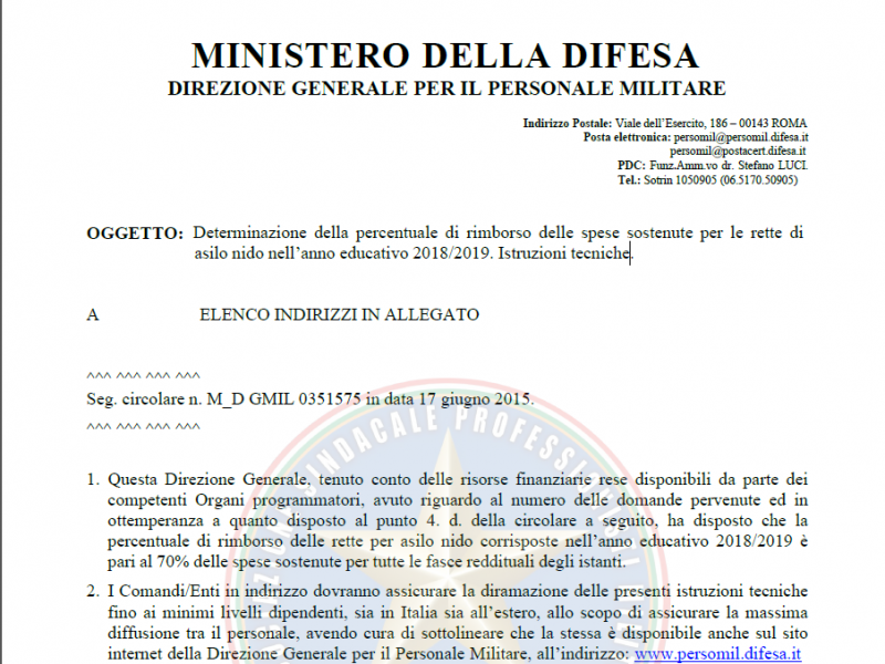 Prot 175466 del 05 Maggio 2020 Determinazione della percentuale di rimborso delle spese sostenute per le rette di asilo nido nell’anno educativo 2018/2019 Istruzioni tecniche