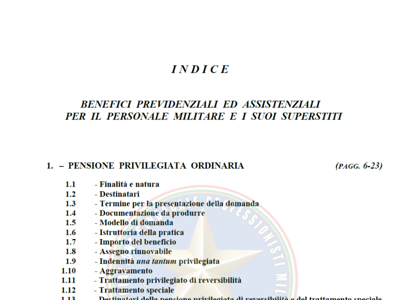 BENEFICI PREVIDENZIALI ED ASSISTENZIALI PER IL PERSONALE MILITARE E I SUOI SUPERSTITI