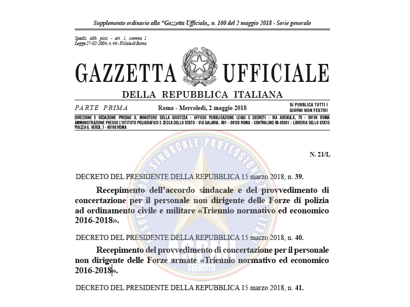 DPR n. 39 e 40 Recepimento del provvedimento di concertazione per il personale non dirigente delle Forze armate e Forze di polizia Triennio normativo ed economico 2016-2018