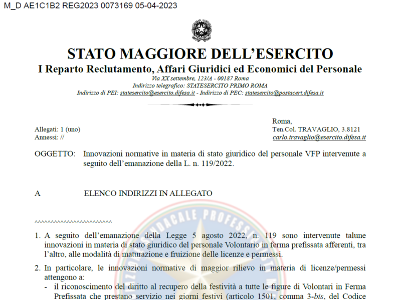 Prot 73169 del 05 aprile 2023 Innovazioni normative in materia di stato giuridico del personale VFP intervenute a seguito dell’emanazione della L. n. 119/2022 Recupero Festività