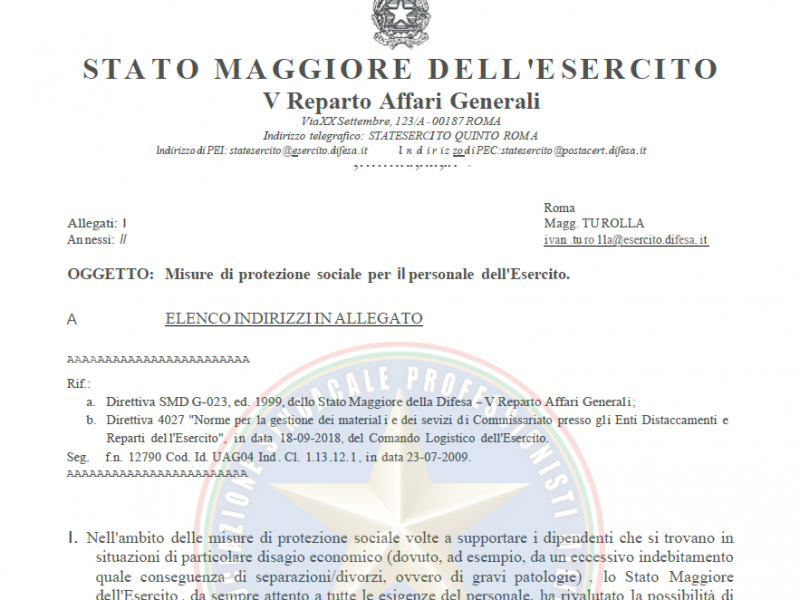 Prot 120328 del 22 Luglio 2020 Erogare pasti , a prezzi contenuti, a favore del personale che, fuori dal servizio, ne faccia richiesta, estendendo tale facoltà anche al nucleo familiare dello stesso