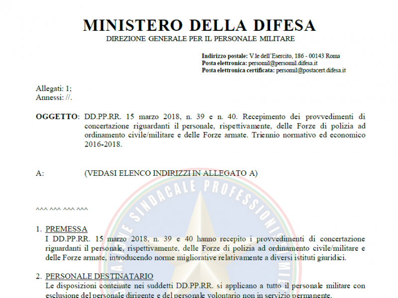 Prot 298279 del 23 Maggio 2018 Recepimento dei provvedimenti di concertazione riguardanti il personale, rispettivamente, delle Forze di polizia ad ordinamento civile/militare e delle Forze armate. Triennio normativo ed economico 2016-2018