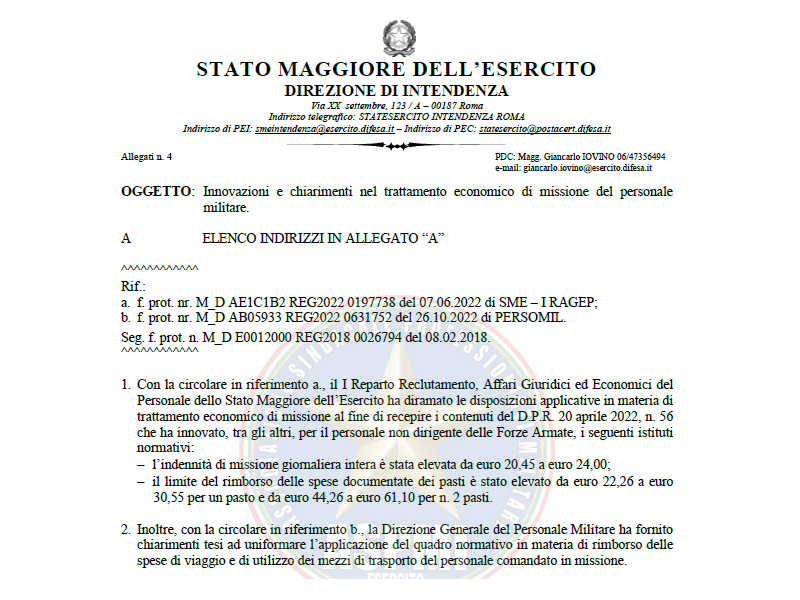 Prot 363470 del 30 novembre 2022 Innovazioni e chiarimenti nel trattamento economico di missione del personale militare.