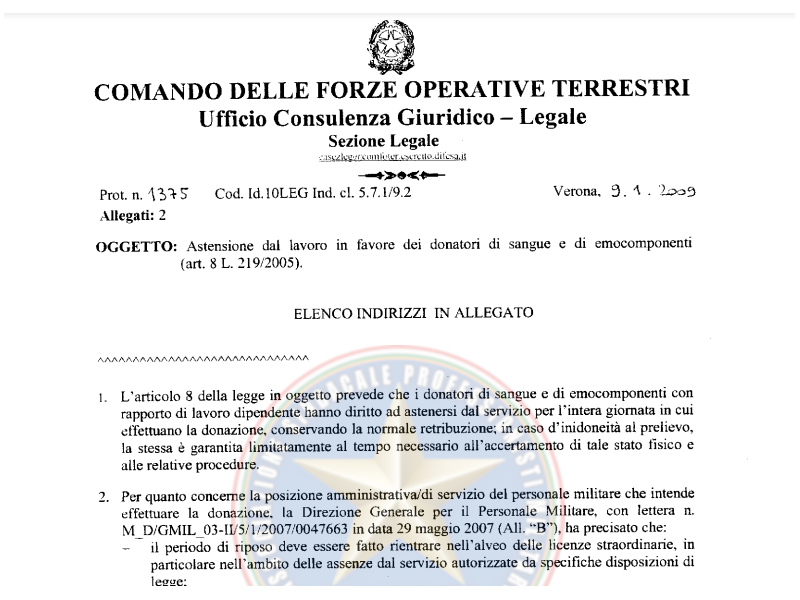 Prot. 1375 del 09 Gennaio 2009 Astensione dal lavoro in favore dei Donatori di Sangue e di emocomponenti