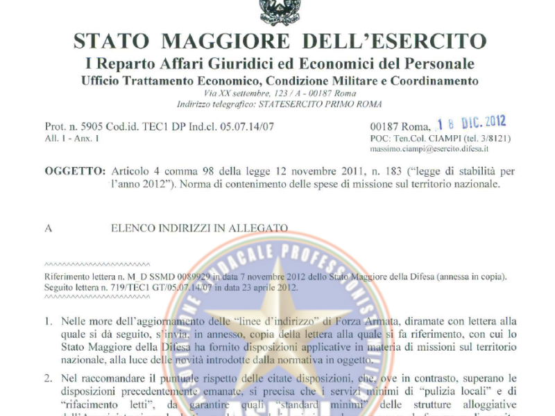 Prot. 5905 18 Dicembre 2012 Norme di contenimento delle spese sul territorio nazionale