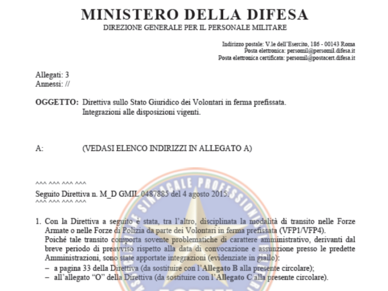 Direttiva sullo Stato Giuridico dei Volontari in ferma prefissata Integrazioni alle disposizioni vigenti.